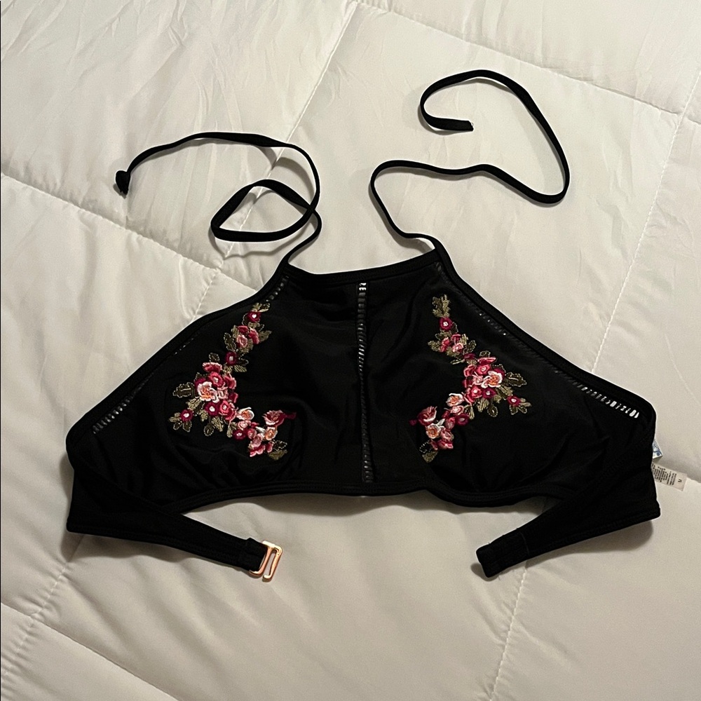 Altar'd State Black Bikini Top with Pink Floral Embroidery